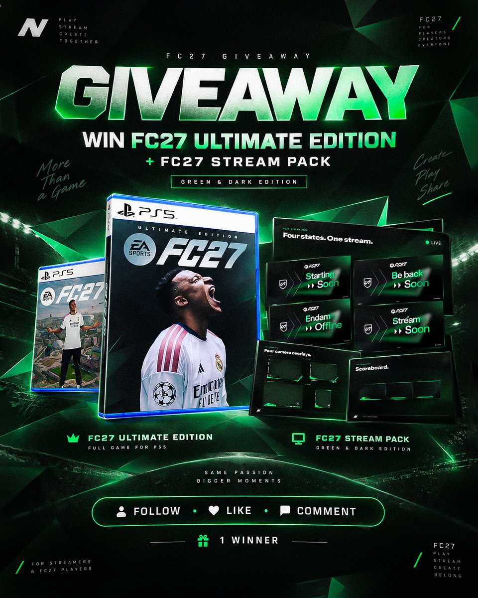 nanocrea_'s tweet photo. FC27 GIVEAWAY →

Win the complete setup for the new season.

→ EA SPORTS FC 27 Ultimate Edition
→ FC27 Stream Pack Green & Dark Edition

Built for FC27 creators.
Overlays, stream screens, scoreboard, alerts, transitions & more.

To enter → Follow · Like · Comment

1 winner. Game + full streaming setup.

#FC27 #EASportsFC27 #FC27Giveaway