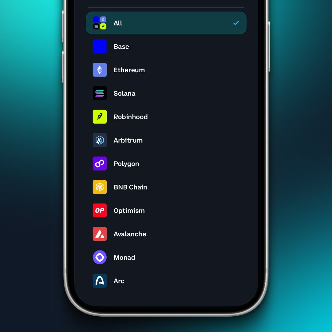 CoinbaseWallet's tweet photo. More chains. More opportunities.

Coinbase Wallet now supports 11 chains. Ethereum, Base, Solana, Robinhood Chain, Arc, and more.

Which chain should we add next? https://t.co/GNtvQ75MHl