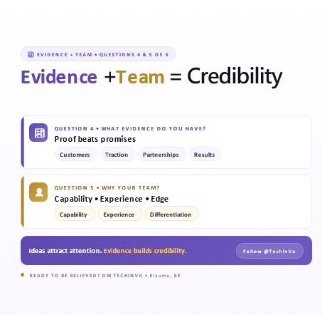 techinvakenya's tweet photo. 5/5
 4. What evidence do you have? Traction, customers, partnerships and results matter. 5. Why you? Show your team’s capability and what makes the business defensible. Follow for business insights. #JengaBizJengaNairobi #KenyaBusiness https://t.co/lSTUzRO8X7
