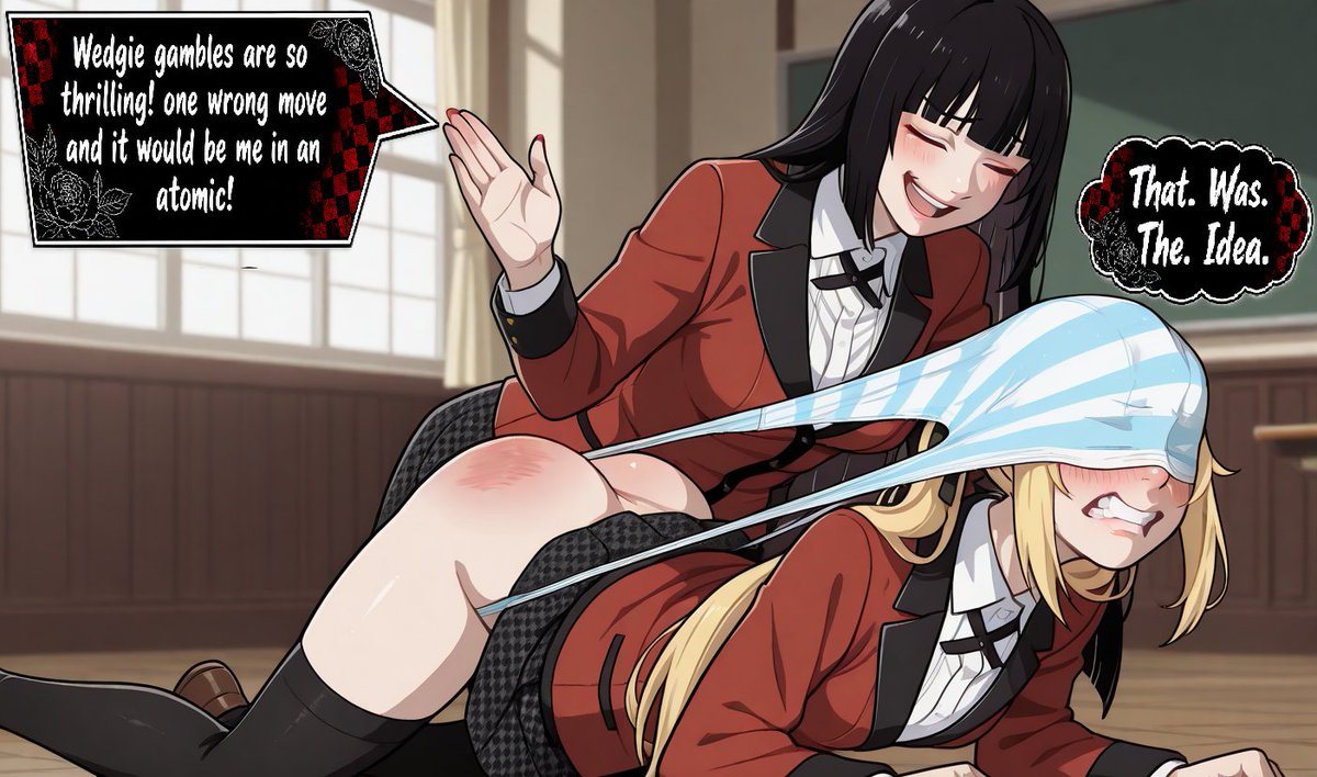 DaizReturns's tweet photo. Mary falls victim to the gambler's fallacy; The more wedgies she receives at the hands of Yumeko, the more she wants revenge. Surely one day she'll get her victory...
#wedgie #atomicwedgie #calzonchino #kakegurui https://t.co/ohq7OpeaDR