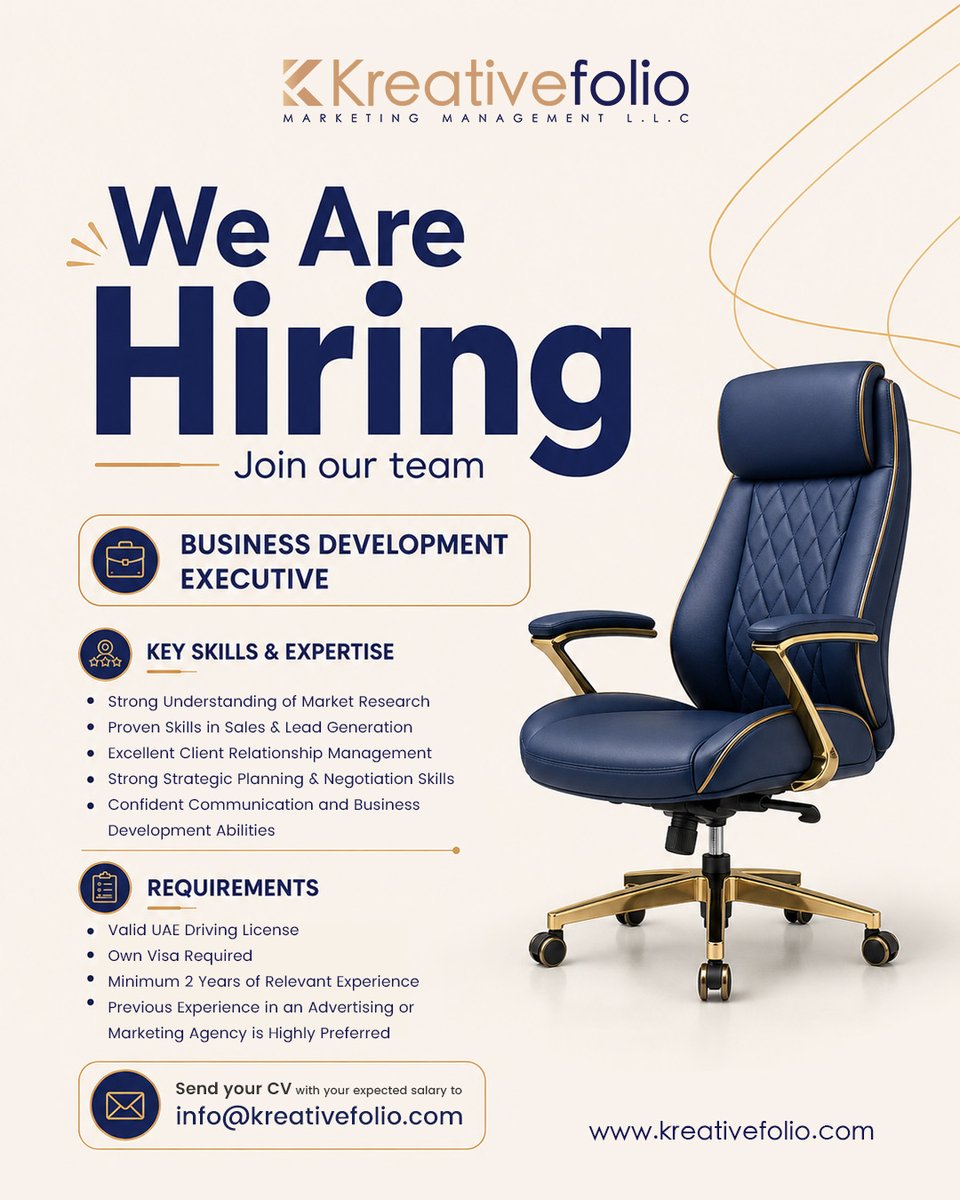 MissKrans's tweet photo. We’re hiring a Business Development Executive to help Kreativefolio grow through sales, lead generation, negotiation and client relationship skills. UAE driving licence, own visa and 2+ years’ relevant experience required. Agency experience https://t.co/EyIyXMsB4x