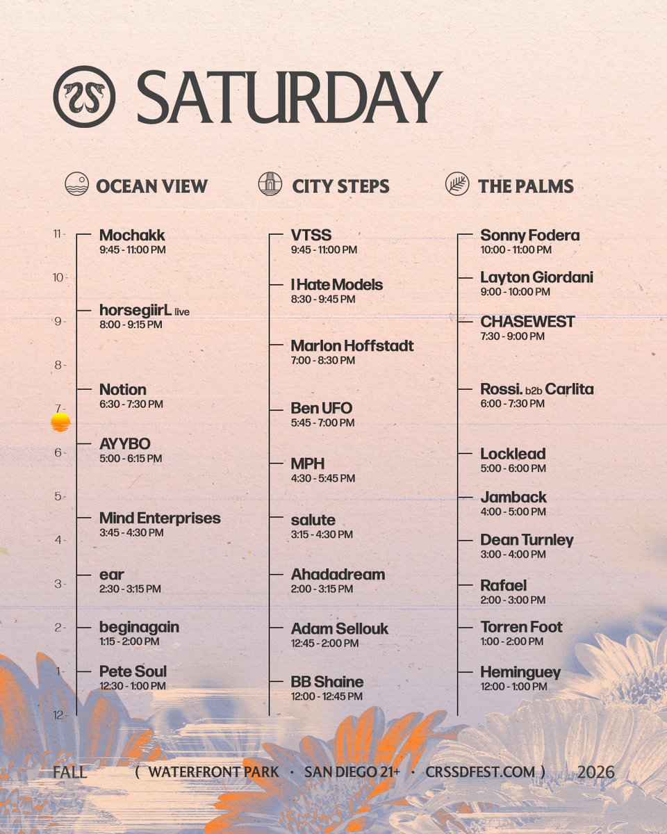 crssdfest's tweet photo. Set times ✨plus a very special guest…

@Lorenzosbeats joins us at the Palms 3:30 on Sunday 🌿

Download the official CRSSD Festival mobile app to build your schedule, set alerts for favorite artists, get #CRSSDAfterDark updates &amp; more → https://t.co/5sVHqEpx2y https://t.co/o4cf9gD3bc