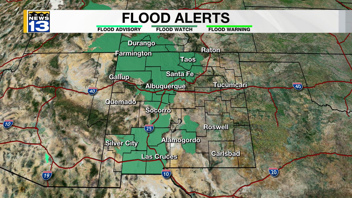 granttosterudwx's tweet photo. A Flood Watch is now in effect across New Mexico, including all of the Rio Grande Valley, until 3 AM Friday. More rounds of showers and storms are likely this afternoon through early Friday morning. #NMwx https://t.co/kJMVJB7GD0