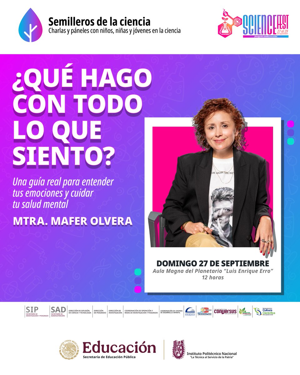 PLEE_IPNoficial's tweet photo. 🔬💜 ¿Qué hago con todo lo que siento?
En #ScienceFest, acompaña a la Mtra. Mafer Olvera y descubre herramientas para comprender tus emociones y cuidar tu bienestar.
🗓️ 27 SEP | ⏰ 12:00 h
📍 Planetario “Luis Enrique Erro”
#IPN #PLEE #SemillerosDeLaCiencia #SaludMental 🧠✨ https://t.co/6fELTYzrGP