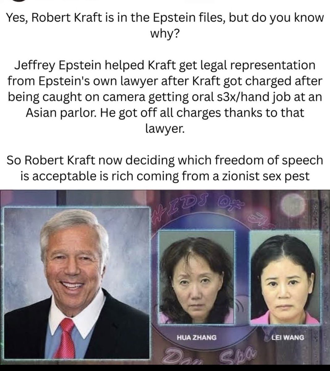 cryppincuh84's tweet photo. @GilletteStadium Where’s your statement on Kraft engage is soliciting prostitution too? All that money spent to make that case go away lol. Pathetic https://t.co/ZO11lLyn5g
