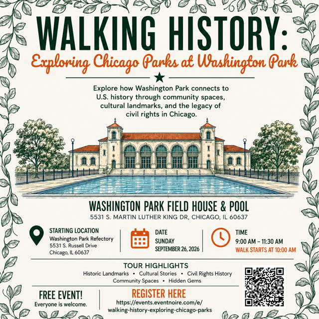 equiticity's tweet photo. Step into Chicago history with Equiticity! 🚶🏾‍♀️🌿 Join us Sept. 26 for Walking History at Washington Park. Explore historic landmarks, cultural stories, community spaces &amp; Chicago’s civil rights legacy. FREE event! Register via the link in bio or scan the QR code. https://t.co/2Hm8QKEooY
