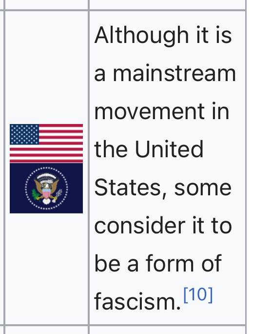 Redvolutionary8's tweet photo. To prove how retarded political ‘scholars’ really are, in the official Wikipedia page for Fascist Movements U-Z, Trumpism is listed as part of US Fascist parties and groups. This is why any serious person in politics should not trust mainstream political ‘scholars’ and ‘analysts’ https://t.co/L1Mxq3wYkb