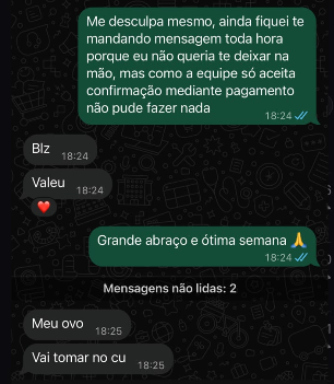 odanielscott's tweet photo. Em 9 anos de empresa isso aqui nunca me aconteceu!

Cliente tinha se interessado por um dos nossos programas e uma pessoa da equipe estava em contato tirando as dúvidas. Daí falou que ia fechar 5 vagas.

Mandamos o checkout e nada dele pagar. Durante 2 semanas ficou falando que ia pagar e nada. Nossa equipe fez follow up literalmente TODOS OS DIAS durante 2 semanas e o cara só enrolava.

Explicamos que não íamos conseguir segurar as vagas porque a demanda estava alta e ele não respondeu. 

Nisso chegou outro cliente querendo 3 vagas. Vendemos. Daí o outro cara aparece e fica puto porque não tem mais vaga.

Ainda manda um "vai tomar no cu" para a equipe. Em quase uma década de empresa e mais de 20 anos empreendendo nunca recebi uma mensagem assim...

Mas que doideira, bicho! Não importa o quanto você tente agradar os clientes, sempre vai ter alguém insatisfeito...
