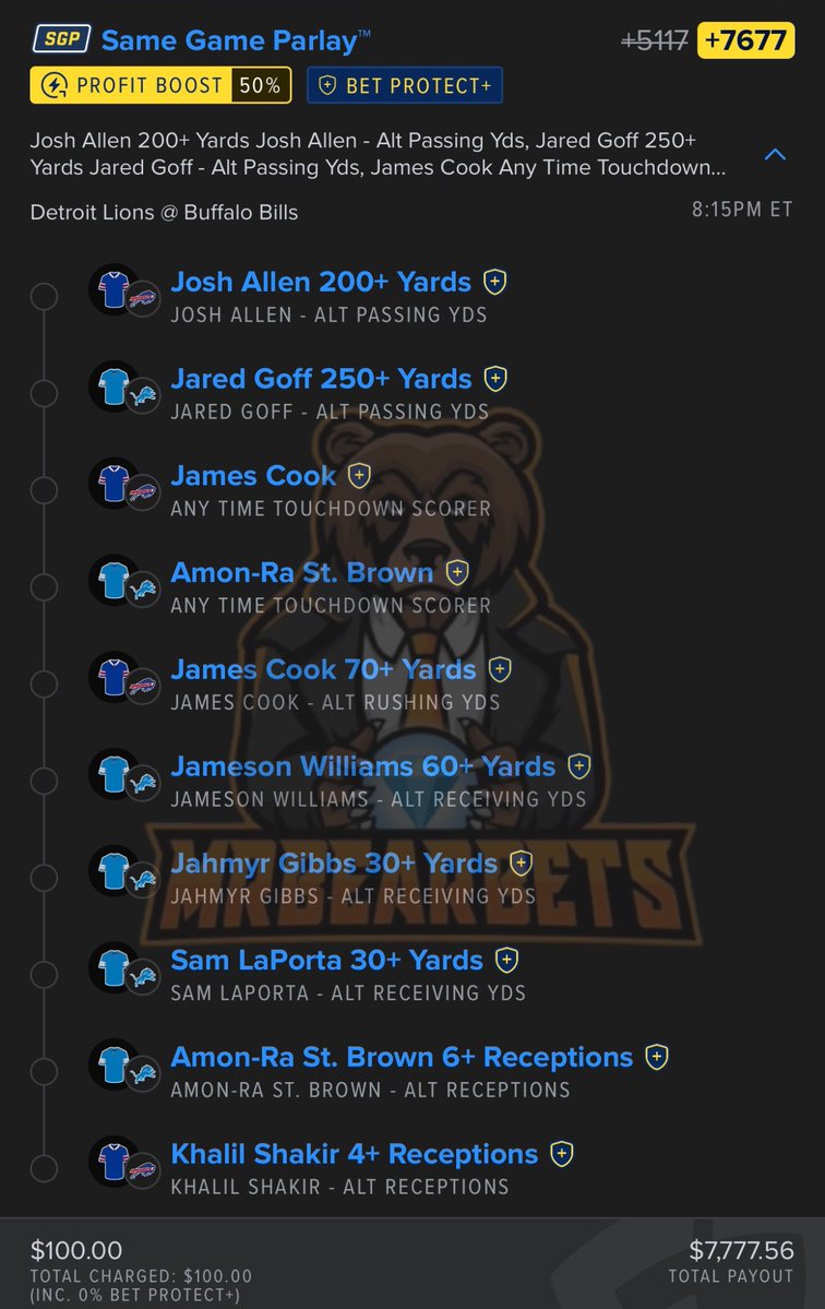 MrBearBets's tweet photo. $7,777 Thursday Night Football Parlay ⭐️

DROP A LIKE if you are tailing.. this is the ONE 🍿

Detroit Lions @ Buffalo Bills SGP ⬇️ https://t.co/q32RDITFtU