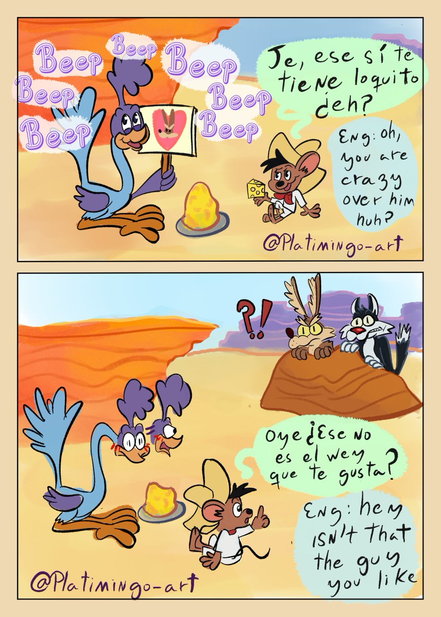 platimingo's tweet photo. Que tal si el correcaminos y Speedy fuesen amiguiiissss

ENG: What if the Roadrunner and Speedy were fwieeeenddss

(1/2)

#looneytunesㅤㅤㅤ #correcaminos #speedygonzales #wilerunner #wileroad https://t.co/k07CyjMbuF