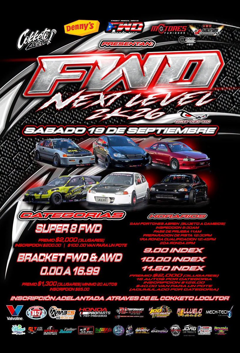 P_R_Racing's tweet photo. 🏁 FWD Next Level 2K26 este sábado 19 de septiembre en Salinas Speedway. Portones abren a las 9:00 AM (sujeto a cambios), con categorías Super 8 FWD, Bracket FWD &amp; AWD e Index. ¡Pendientes a los detalles oficiales! #FWDNextLevel #SalinasSpeedway https://t.co/YR0Q6gx6g2