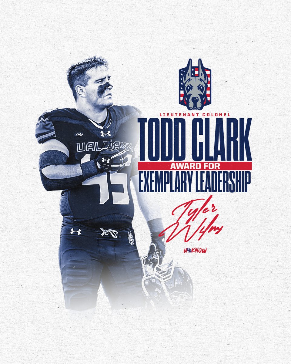 UAlbanyFootball's tweet photo. Congratulations to @tylerwilms - this year's recipient of the Lieutenant Colonel Todd Clark Award for Exemplary Leadership 👏

13 years of having Jack, Todd's father, come speak to the team before our Hometown Heroes game 🇺🇸

#UAUKNOW https://t.co/DsPdYXgLzp
