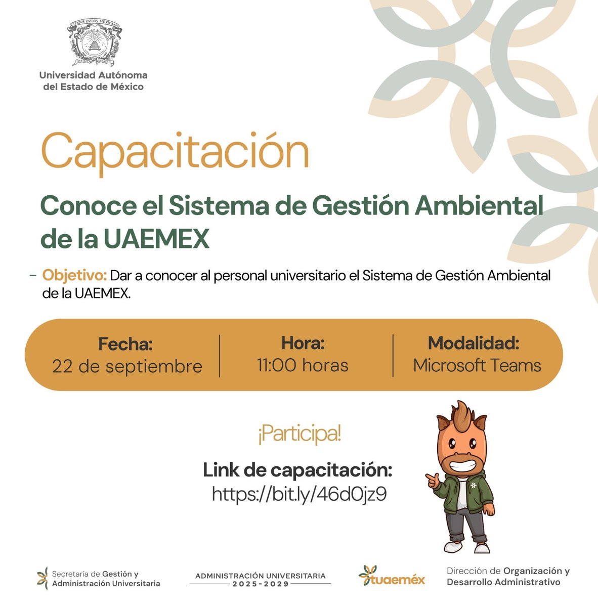 DODAUAEMex's tweet photo. 🌱 ¡Conoce el Sistema de Gestión Ambiental de la UAEMEX! 🌎

🗓️ Fecha: 22 de septiembre de 2026
🕚 Hora: 11:00 h
💻 Modalidad: Microsoft Teams 
👉🏻Link acceso: https://t.co/8wUyvfeBht

¡Súmate y conoce cómo podemos contribuir a una Universidad más sustentable! 💚 https://t.co/a7FYrwjmfg