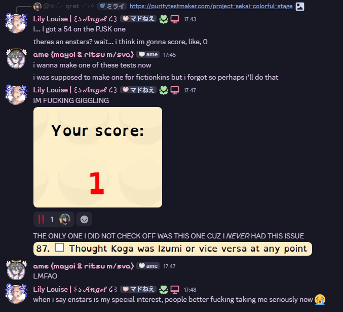 lilinettelouise's tweet photo. the fun part is i'm not even embarassed. technically, i actually score a 0. i am NOT an enstars virgin. https://t.co/2PHfVprmXu