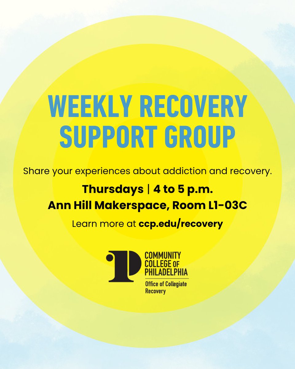 CCPedu's tweet photo. Looking for a supportive space to connect with others?

CCP’s Weekly Recovery Support Group meets every Thursday from 4–5 p.m. in the Makers Space, beginning today, September 17, through December 17.

Join us for a welcoming space for connection, conversation and support. https://t.co/1SYVbsmzya