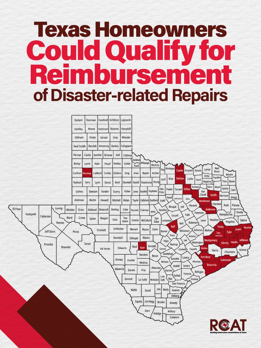 RCAT_tx's tweet photo. Texas Homeowners May Qualify For Repair Reimbursement 💵

The Texas GLO has disaster recovery funds for homeowners hit by 2024 storms.

Please share this with your customers and homeowners.

🔗Explore affected counties and apply: 
https://t.co/wtohe3EMPY

#RCAT https://t.co/UGLYlI3rHH