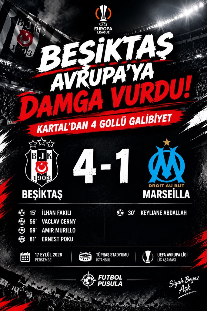 FutbolPusula's tweet photo. 🚨 BEŞİKTAŞ AVRUPA’YA DAMGA VURDU! 🦅🔥

Beşiktaş 4-1 Marsilya

⚽ 15’ İlhan Fakılı
⚽ 30’ Abdallah
⚽ 56’ Cerny
⚽ 59’ Murillo
⚽ 81’ Poku

💥 Kartal, UEFA Avrupa Ligi’ne 4 gollü galibiyetle başladı!

🇹🇷 Avrupa’da gecenin yıldızı Beşiktaş!

#Beşiktaş #BJKOM #UEL #FutbolPusula https://t.co/pgCxpWdxA5