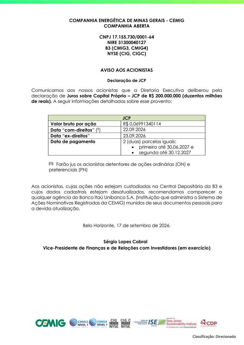 RiscoRetorno's tweet photo. #CMIG3 #CMIG4: Cemig declara R$ 200 mi em JCP, equivalente a R$ 0,0699134 por ação. Ações ficam “com” até 22/09/2026 e “ex” em 23/09. Pagamento será feito em 2 parcelas iguais, até 30/06/2027 e 30/12/2027. https://t.co/brd41f69D0