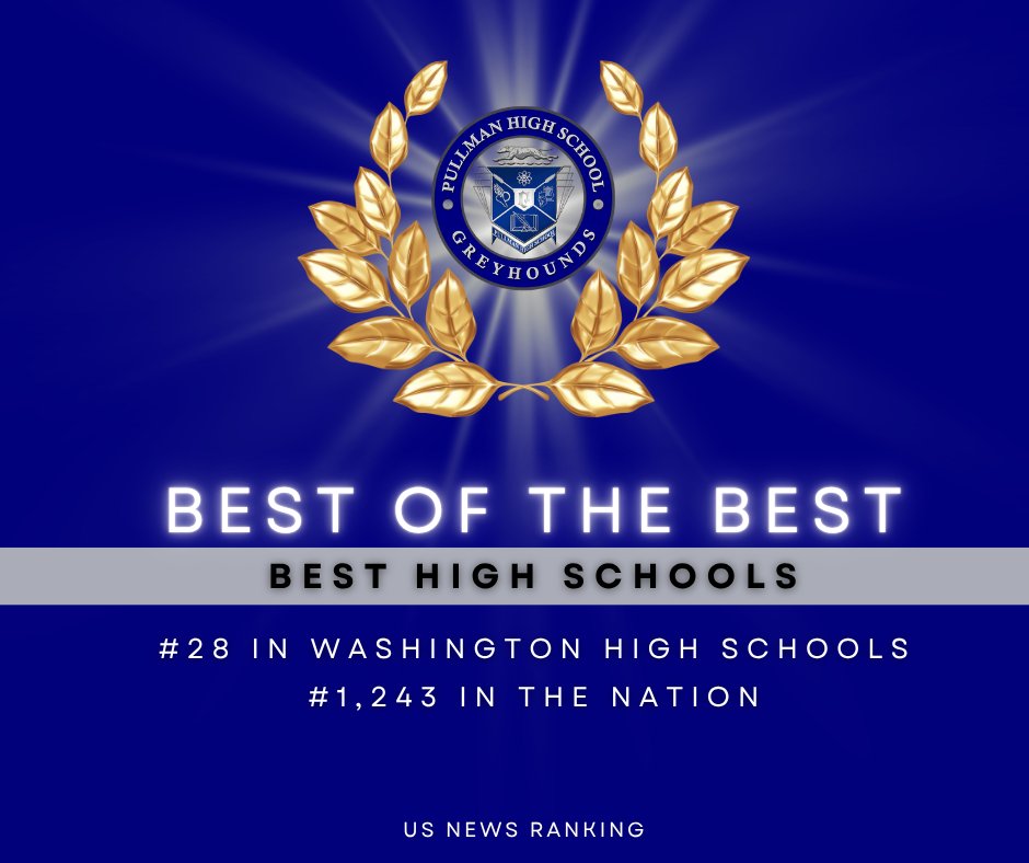 PullmanSD's tweet photo. 🎉 Pullman High School is ranked #28 in Washington and #1,243 nationally in the 2026–27 U.S. News &amp; World Report Best High Schools rankings!

We’re proud of our Greyhounds and the students, staff &amp; families who make PHS shine! 🐾💙💚 https://t.co/CK7J4oO8Zw 

#PROUD2bePSD https://t.co/4lquSUJc6N