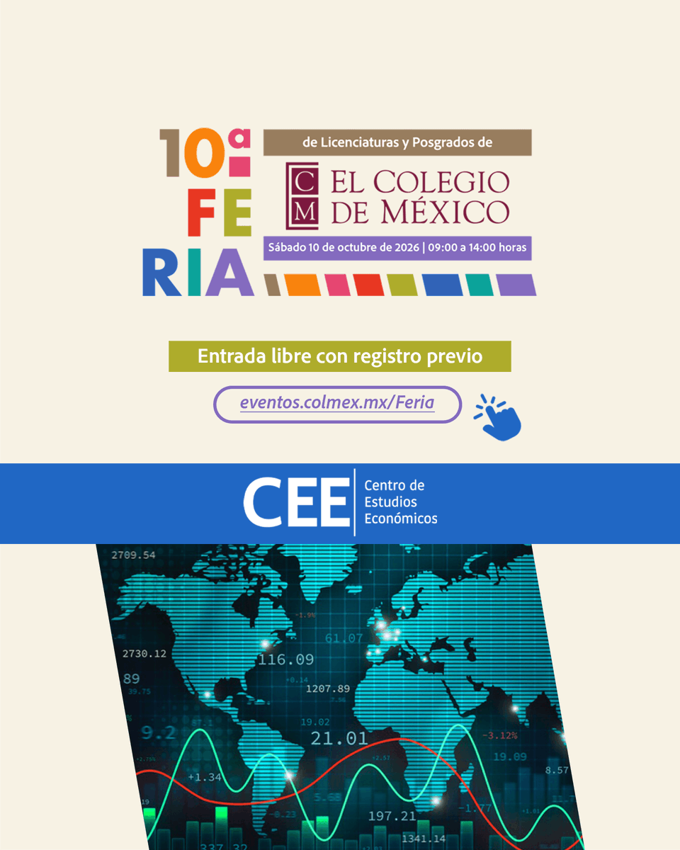 elcolmex's tweet photo. Si tu interés es formarte como economista capaz de realizar investigación independiente sobre problemas económicos relevantes, esta es tu oportunidad para conocer los programas académicos del @CEEColmex, un espacio de excelencia con proyección nacional e internacional. ¡Asiste a nuestra 10ª Feria de Licenciaturas y Posgrados!
Sábado 10 de octubre, de 09:00 a 14:00 horas, en la explanada de El Colegio de México.
👉 Regístrate en: https://t.co/bXKf01Mbtb
Somos una institución pública. Nuestros programas no tienen costo de matrícula y cuentan con convocatorias de becas y diversos apoyos, conforme a la normatividad institucional. En la Feria podrás obtener toda la información sobre la licenciatura, maestría y doctorado en Economía, ¡te esperamos en El Colegio de México!