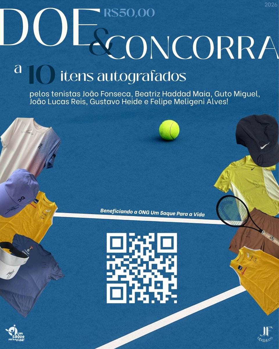 fonsecaupdates's tweet photo. 🎾 Campanha solidária 🎾

Ajude a comprar calçados para jovens tenistas e concorra a itens autografados por João Fonseca, Beatriz Haddad Maia, Guto Miguel, João Lucas Reis, Gustavo Heide e Felipe Meligeni Alves.

Oie!
Eu sou a Carol e desde 2024 administro esta conta de Updates.

Ao longo desse tempo pude acompanhar de perto o quanto a comunidade do tênis brasileiro é apaixonada e engajada. E, diante do crescimento do esporte no nosso país, pensei: por que não usar toda essa energia para ajudar quem precisa?

Foi assim que nasceu esta campanha.

Depois de muita pesquisa e indicações, optei pelo Projeto Um Saque Para a Vida, uma ONG com um trabalho sério e transparente, que atua há quase 40 anos nas comunidades ribeirinhas de Recife, transformando a vida de crianças, adolescentes e famílias por meio do tênis e de outros esportes de raquete.

Escolhi essa ONG porque eles realmente usam o esporte como ferramenta para mudar a trajetória dessas pessoas de forma mais ampla. Não se trata apenas da formação de atletas. Muitos jovens que passam por lá acabam seguindo outros caminhos no esporte, atuando como encordoadores, árbitros, técnicos, boleiros ou professores de tênis. Além disso, eles proporcionam a esses jovens um espaço seguro, onde podem se desenvolver de forma saudável, dentro e fora das quadras.

Hoje o projeto tem uma necessidade muito concreta: a compra de 126 novos pares de tênis. Caso a meta seja atingida, o valor excedente será destinado à compra de calçados para outros jovens também atendidos pela ONG e por projetos parceiros.

Pensei em formas de tornar a campanha mais legal para que não fosse apenas um pedido por dinheiro, e sim também uma forma de recompensar (e incentivar) a generosidade de quem doa, então, graças a muitas pessoas que ajudaram, temos esses itens autografados que serão sorteados entre quem doar R$ 50 ou mais.

Não importa o tamanho da sua contribuição. Cada doação faz diferença.

Obrigada!

Carol ♥️

Agradecimento especial aos atletas. Todos os itens foram doados exclusivamente para a campanha.

[O nome João Fonseca Updates refere-se apenas à conta de fãs. O atleta e sua equipe não possuem participação na organização da campanha.]

Mais informações nos posts abaixo ⬇️