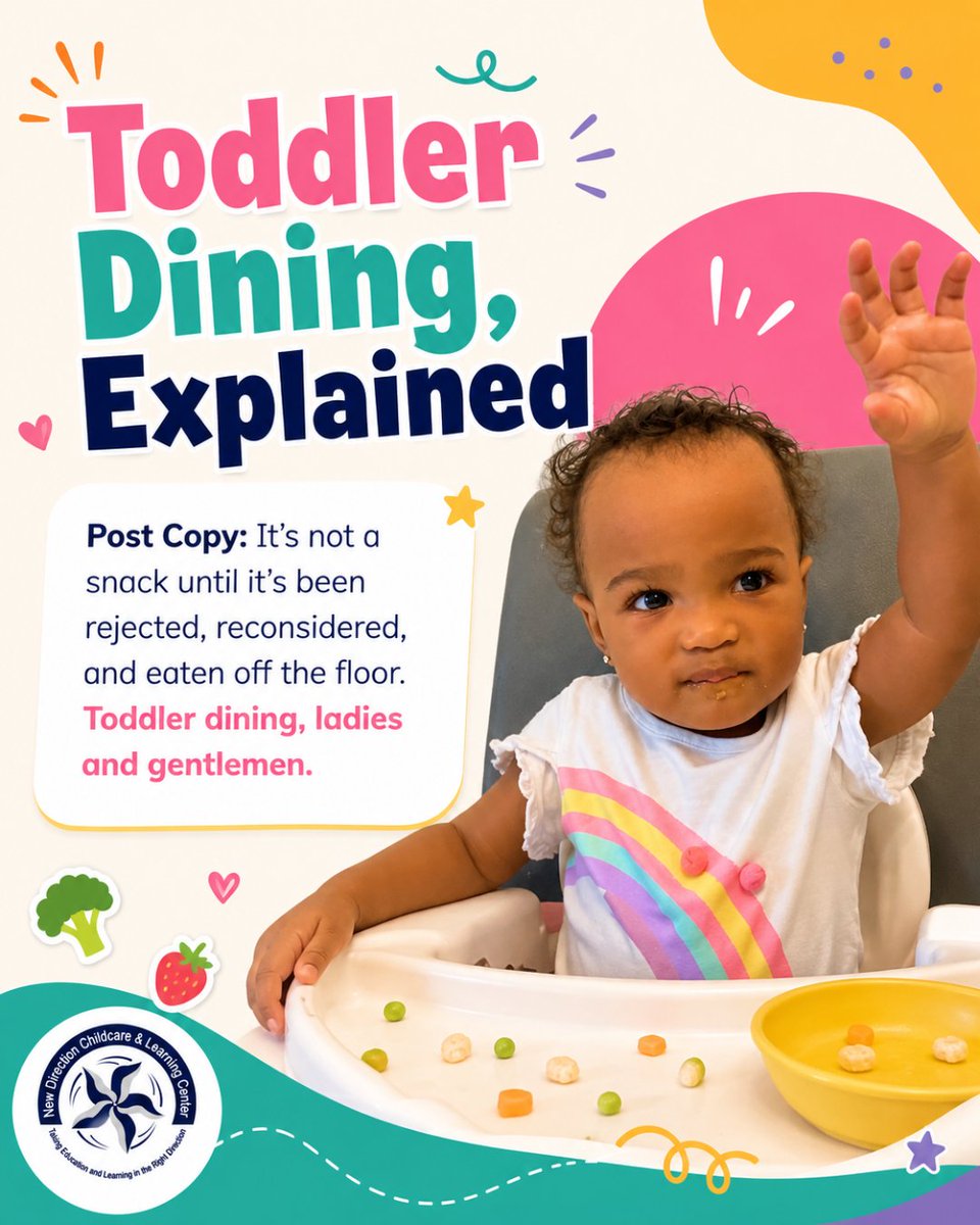 ChildcareNew's tweet photo. Toddler dining has rules. 😂 Rejected now, delicious five minutes later! Parent tip: Keep offering new foods without pressure. 💙 #NewDirectionChildcare https://t.co/GTt8fVpSdk