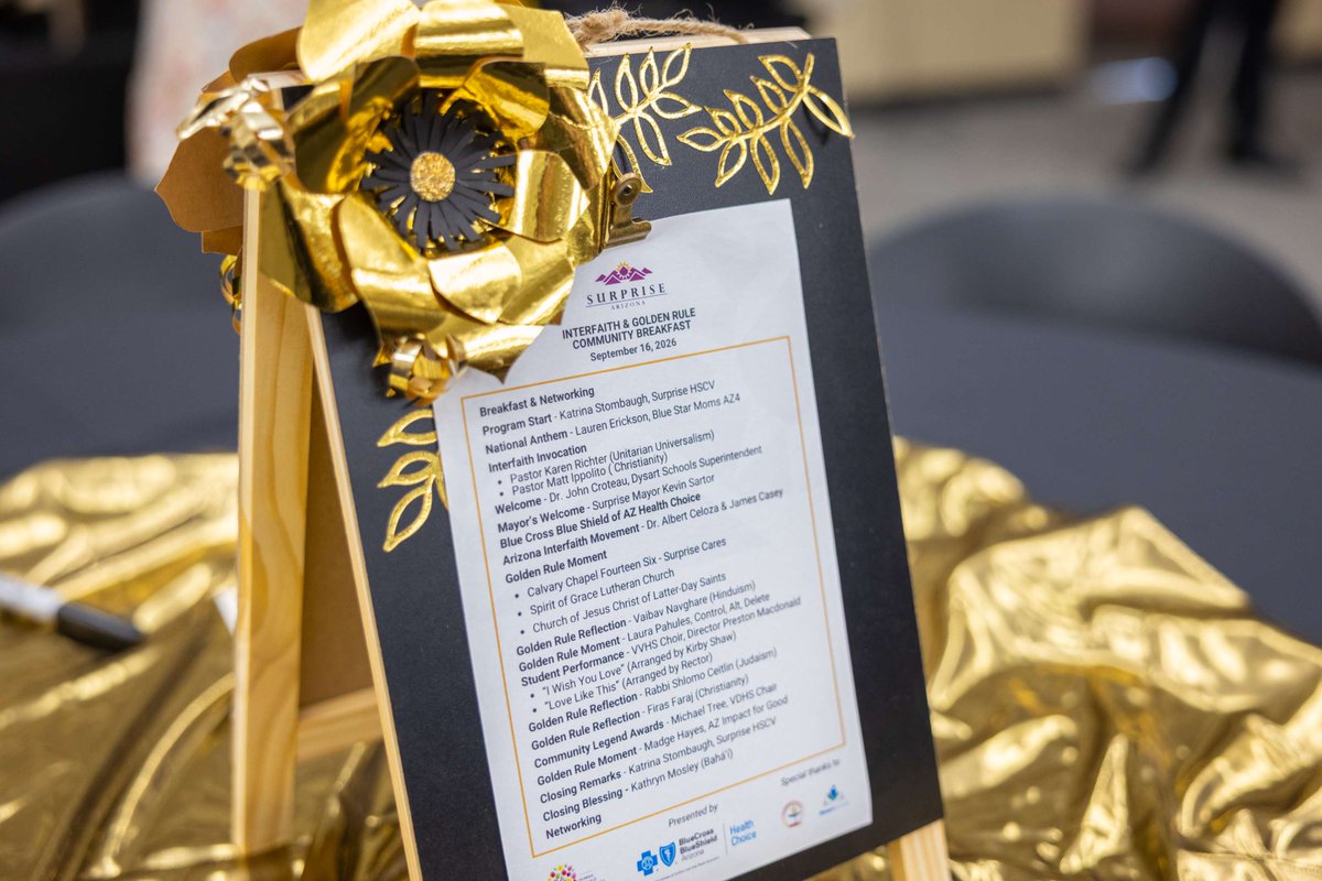 SurpriseCares's tweet photo. What an inspiring morning at the 2026 Surprise Area Interfaith &amp; Golden Rule Breakfast!

Thank you to our community, partners, speakers and sponsors for coming together in the spirit of kindness, connection and service.

#GoldenRule #SurpriseCares #CityOfSurprise https://t.co/eLICLi0StW