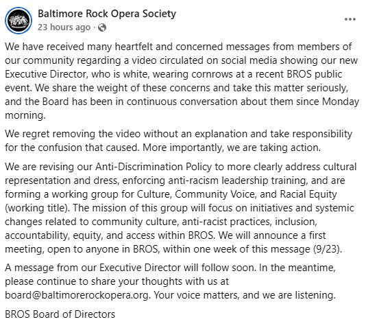libsoftiktok's tweet photo. This Baltimore rock theatre group issued a public apology after people complained that their White Executive Director wore cornrows.

They are now implementing "anti-racism" training to address "cultural representation" and "racial equality."

Wokeness destroys everything. https://t.co/bzV0CRpGwL
