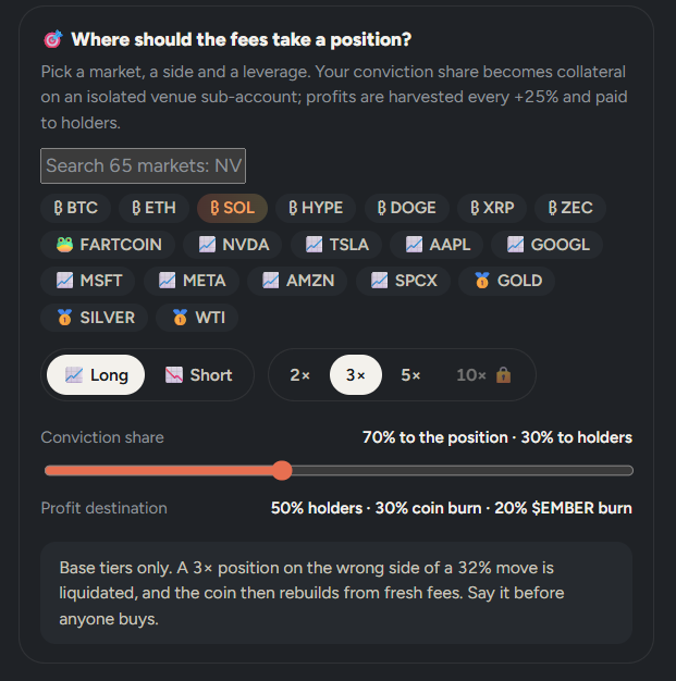 embercurve's tweet photo. 🎯 Conviction

The first launch module on @Solana where a coin's fees open a real perp and the profits are paid to holders.

Pick a market on @PhoenixTrade (SOL, NVDA, gold, BTC 65 of them), a side, 2×–5×. 

Half of your coin's trading fees become collateral. https://t.co/OyBiiLqHNF