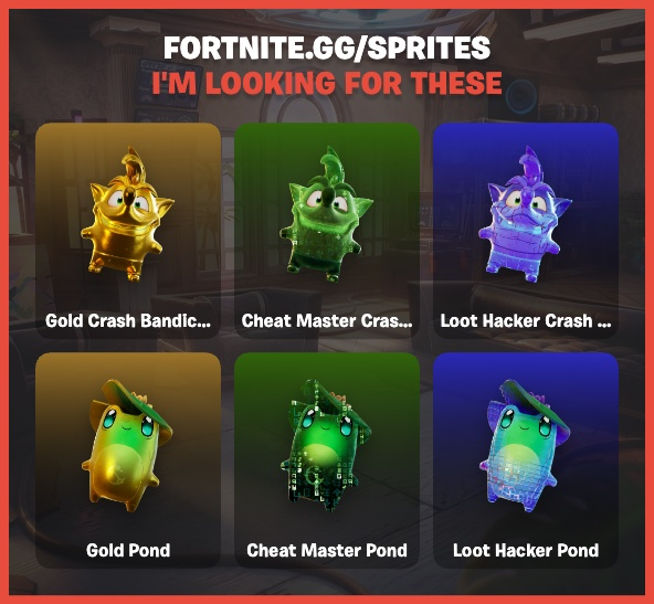 UpperV24's tweet photo. Ready to trade sprites. I have all 4 Blinky, base Crash, and base Pond. lmk. Thanks. #Fortnite https://t.co/9xDcivdzxc