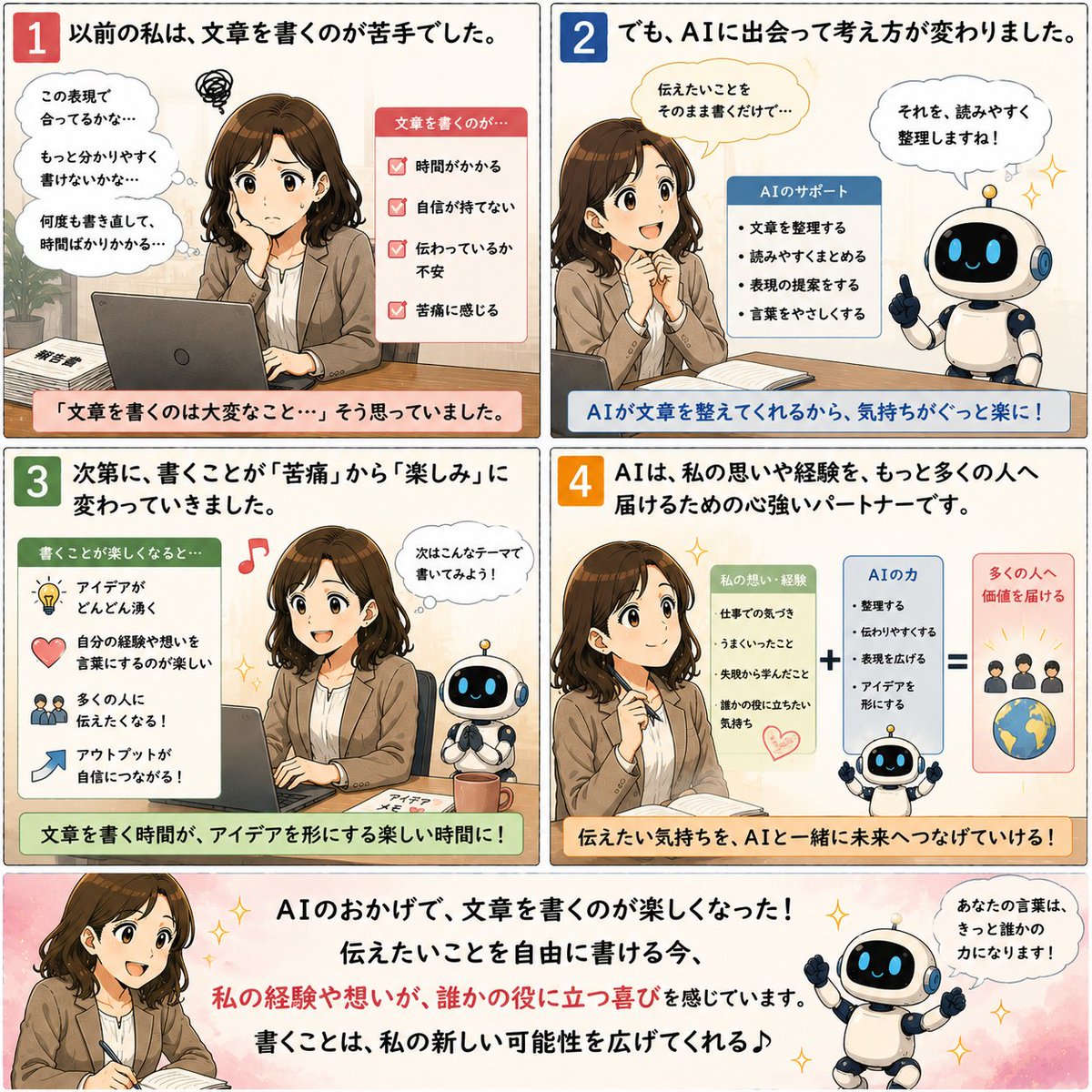 akapencc's tweet photo. 「文章が苦手。」

そう思っていた私でも、

AIのおかげで「書く楽しさ」を知りました。

最初の一歩は、小さくて大丈夫。
Kindle出版ブログ：https://t.co/BT7u9NvdcQ

#ChatGPT #文章術 #AI #Kindle出版 https://t.co/TImJSDLaU3