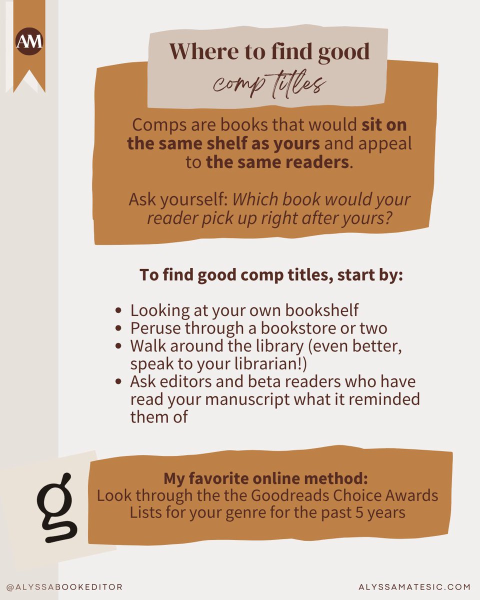AlyssaMatesic's tweet photo. Saying your book is like "The Hunger Games" or "Gone Girl" may actually be hurting your query letter.

If you're wondering...

How do you select appropriate comp titles?
Should you comp to mega bestsellers?
What about classic novels?

Here are your answers! https://t.co/ReZkkwdlqc
