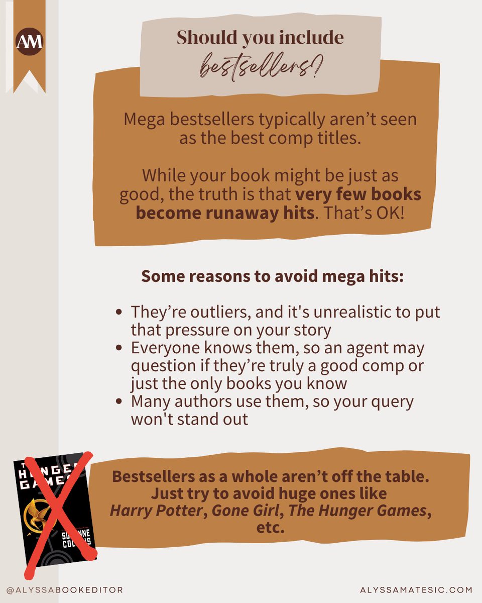 AlyssaMatesic's tweet photo. Saying your book is like "The Hunger Games" or "Gone Girl" may actually be hurting your query letter.

If you're wondering...

How do you select appropriate comp titles?
Should you comp to mega bestsellers?
What about classic novels?

Here are your answers! https://t.co/ReZkkwdlqc