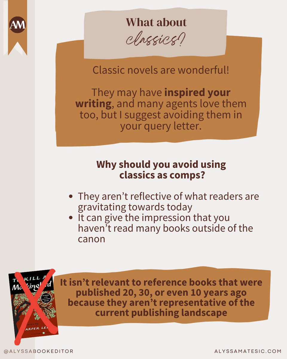 AlyssaMatesic's tweet photo. Saying your book is like "The Hunger Games" or "Gone Girl" may actually be hurting your query letter.

If you're wondering...

How do you select appropriate comp titles?
Should you comp to mega bestsellers?
What about classic novels?

Here are your answers! https://t.co/ReZkkwdlqc