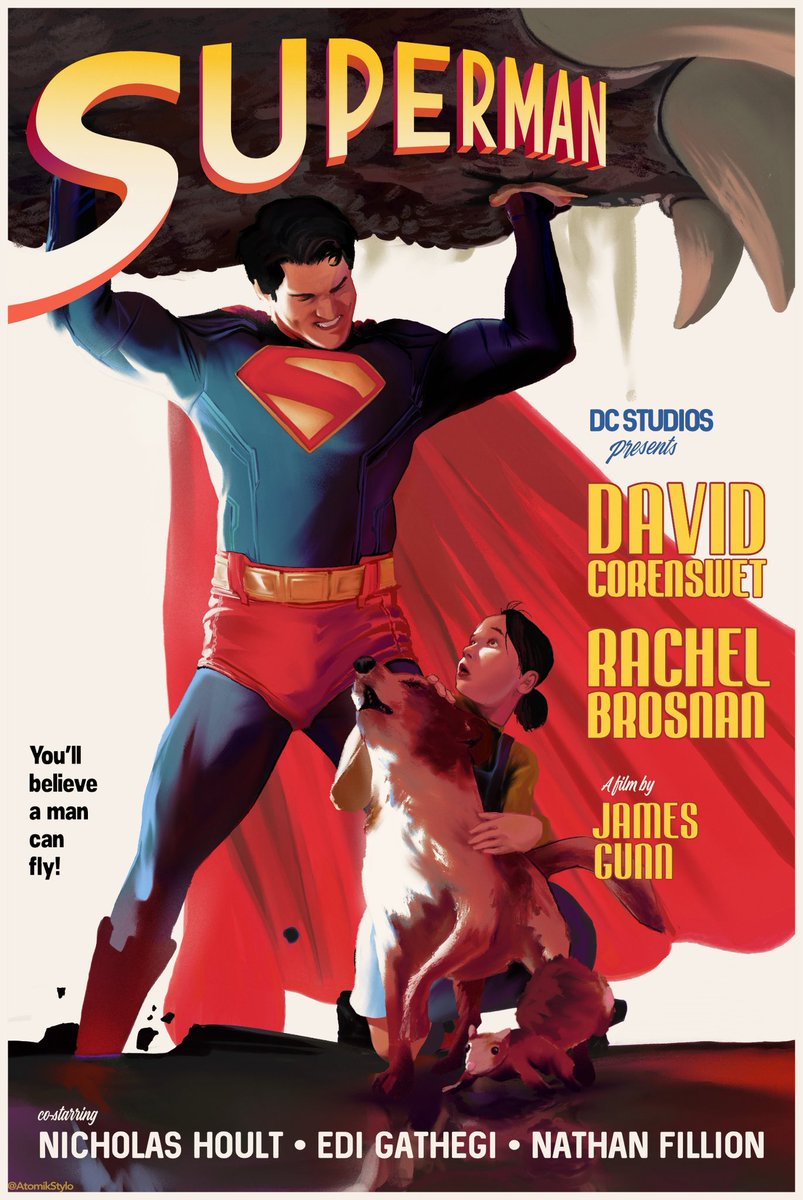 AtomikStylo's tweet photo. Here’s my tribute poster for James Gunn’s Superman. Had a bit more fun with typography this time around. Really exited for Man of Tomorrow!
@PosterSpy 
@PosterEscape 
@altmovieposters https://t.co/BIehRDcNFM