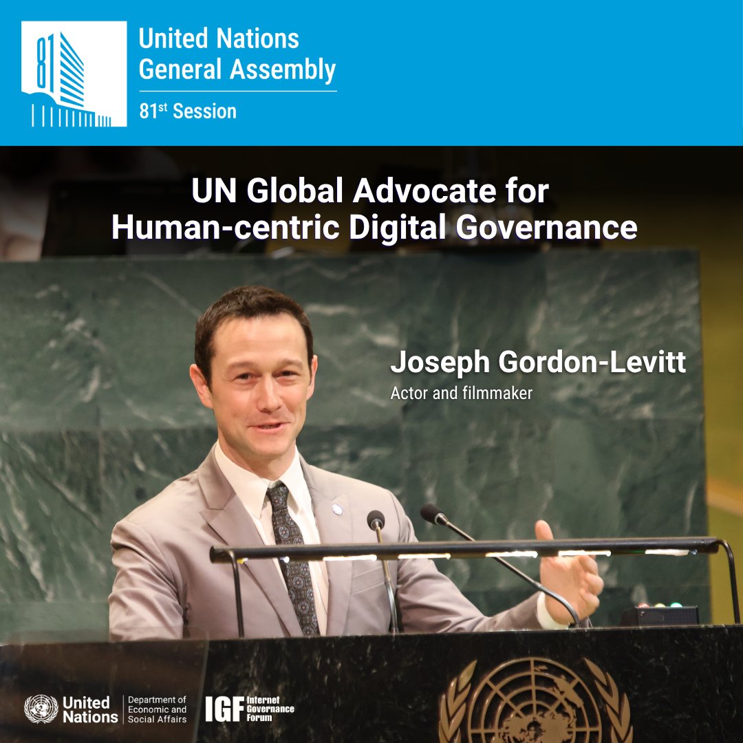 UNDESA's tweet photo. 🌟NEXT WEEK: Join Joseph Gordon-Levitt at #UNGA!

@hitRECordJoe is back, and he's bringing the conversation on the Internet and AI to those who matter most: you.

Follow along next week and decide what digital future comes next. https://t.co/UkWlKqpozs