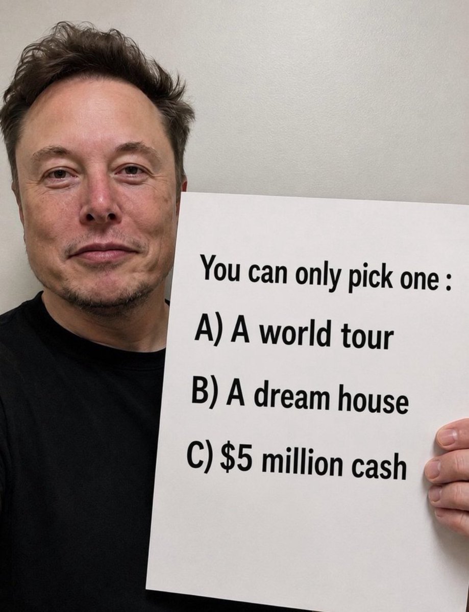 DAVID_REG_ALVES's tweet photo. You can only pick one :

A) A world tour
B) A dream house 
C) $5 million cash https://t.co/GFyAzRCrIP