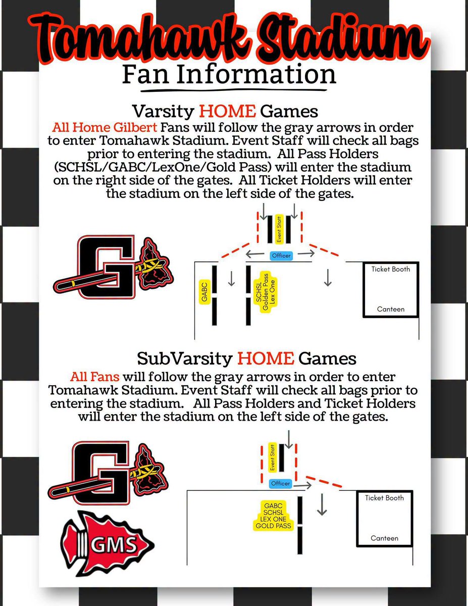 SchoolGilbert's tweet photo. Gilbert Fans...a few reminders about tomorrow night's game at Tomahawk Stadium.
Clear Bag Procedures will be in effect.  Please refer to the map before arrival.
No outside food or drinks will be allowed in the stadium. https://t.co/lHV7sTdVD0