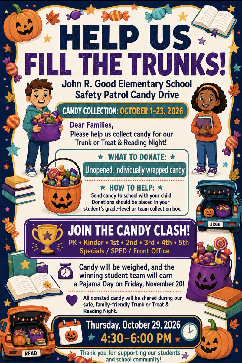 JohnRGood's tweet photo. The Candy Clash has officially started! 🤩🍬🍭
We invite all our Tigers to donate candy for our Trunk-or-Treat on October 29th! 🎃🐯 The class that collects the most candy by weight will win a Pajama Party! 🎉
Let the Candy Clash begin! 👀🍬 #TigerPride #CandyClash #TrunkOrTreat https://t.co/fBbU1fr4Xi