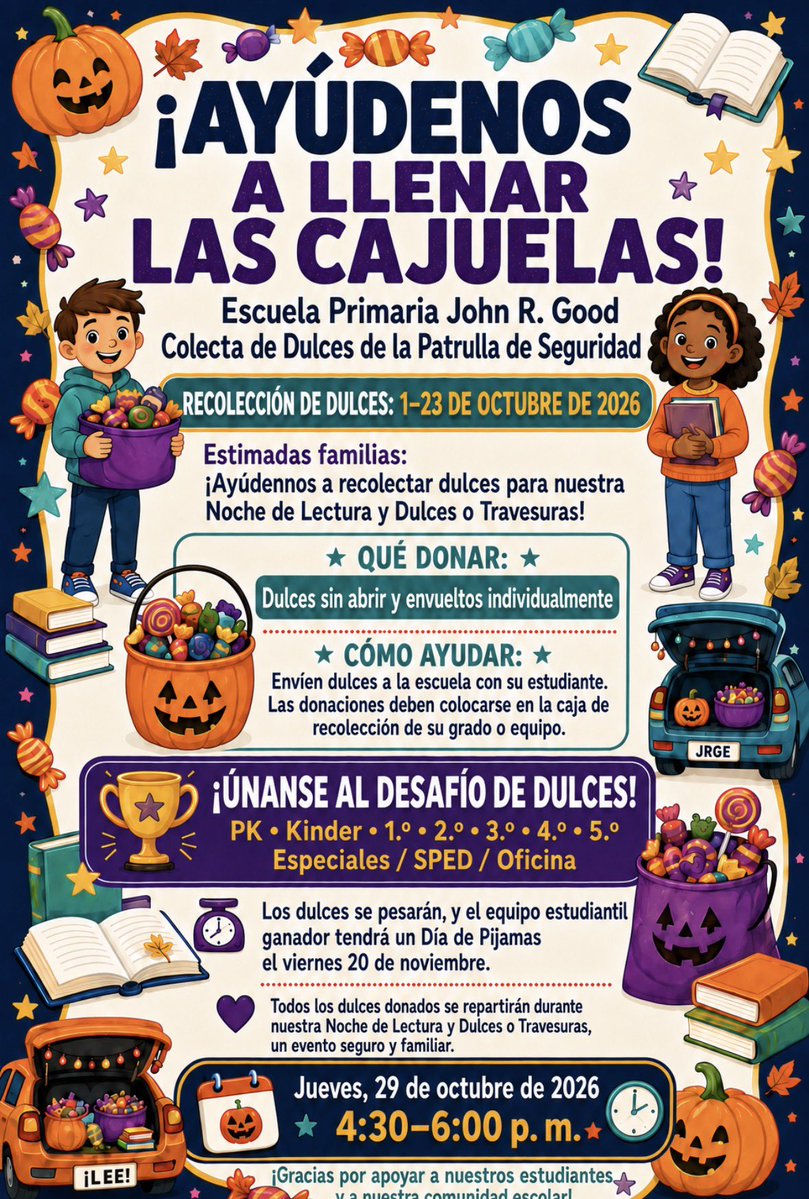 JohnRGood's tweet photo. The Candy Clash has officially started! 🤩🍬🍭
We invite all our Tigers to donate candy for our Trunk-or-Treat on October 29th! 🎃🐯 The class that collects the most candy by weight will win a Pajama Party! 🎉
Let the Candy Clash begin! 👀🍬 #TigerPride #CandyClash #TrunkOrTreat https://t.co/fBbU1fr4Xi