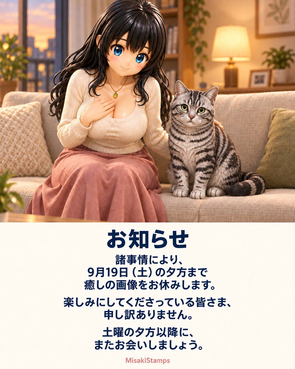 MisakiStamps's tweet photo. いつもMisakiStampsをご覧いただき、
ありがとうございます✨

本日から9月19日（土）の夕方まで、
癒しの画像投稿を少しお休みします。

毎日の投稿を楽しみにしてくださっている皆さまには誠に申し訳ありません。

いいねやリプは通常通りできますので、
よろしくお願いします😃

どうぞ素敵な時間をお過ごしください✨

#MisakiStamps #AIイラスト︎︎