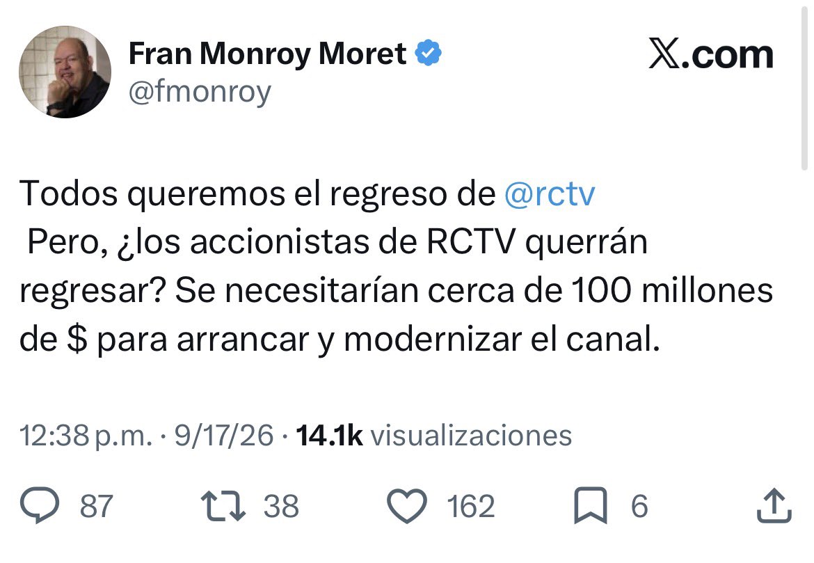 estendenciavzl's tweet photo. "RCTV" es tendencia por las respuestas a esta publicación de @fmonroy https://t.co/OUPRBb5NrV