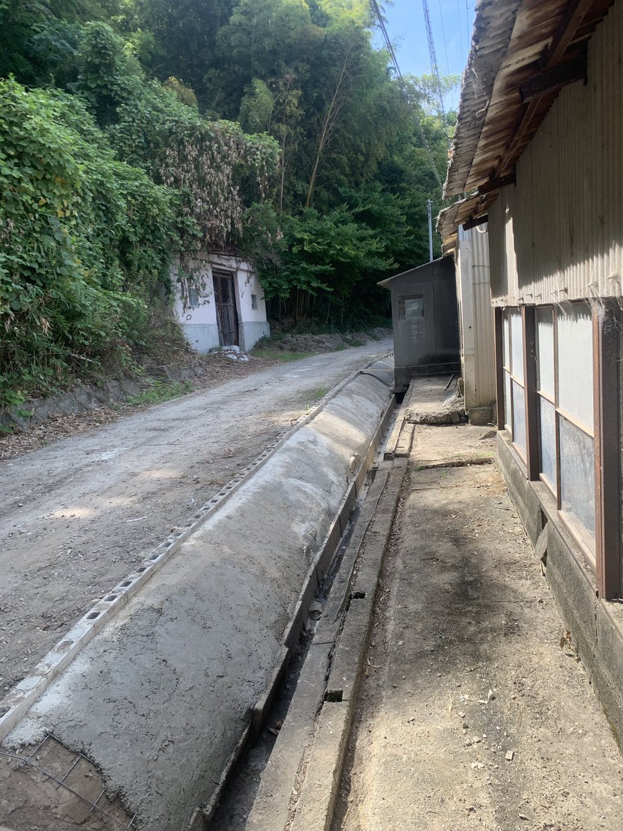 tachibananoby's tweet photo. 掘っては運び、ならしてはかためて、コンクリート打ちして、ようやく第一次工事完了ー。みっちり二月もかかった汗ダクダクの排水溝復活であった。 https://t.co/JHON8Xv4P7