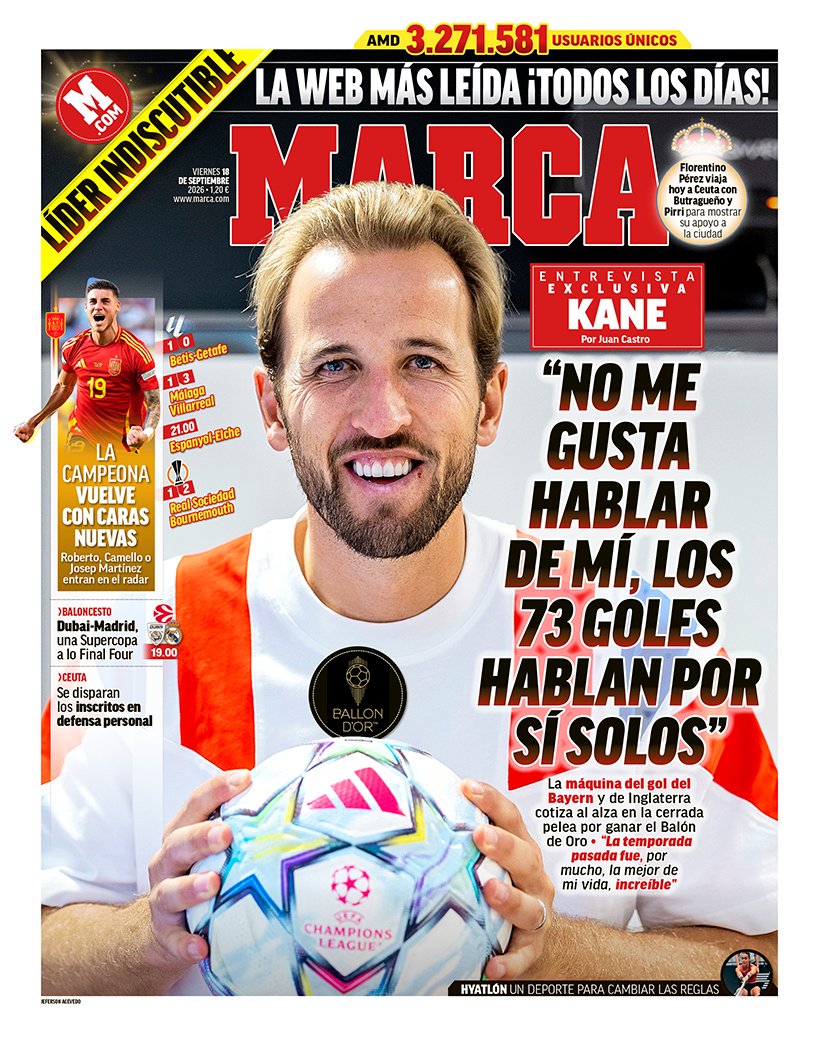 marca's tweet photo. #LaPortada 🗞️ "No me gusta hablar de mí, los 73 goles hablan por sí solos"

‼️ Este viernes, ENTREVISTA EXCLUSIVA a HARRY KANE https://t.co/pC7UNKmkuj