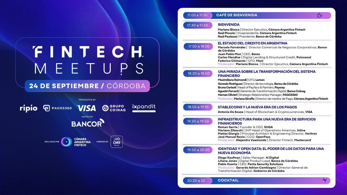 CamaraFintechAr's tweet photo. 🚀 Agenda del #FintechMeetup Córdoba

El próximo jueves 24 de septiembre cerramos los #FintechMeetups2026 conversando sobre crédito, transformación del sistema financiero, stablecoins, infraestructura, identidad y Open Data.

Una última jornada para conectar al ecosistema desde Córdoba.

👉 Inscripción: https://t.co/OZ5uyO9WNa