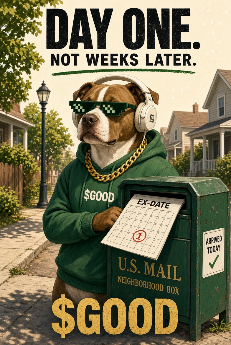 ebora43's tweet photo. No more waiting weeks.They moved it to day one.
The Hood never waited.Immediate.
On the date.
$GOOD already on the block. Top Dog in the Hood. https://t.co/FOX8s9w7U8