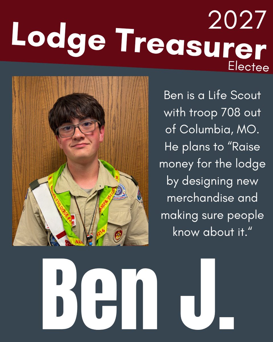 nampatsi216's tweet photo. The final officer electee for Nampa-Tsi Lodge is Ben J. for Lodge Treasurer!

@worldscouting @boyscouts @oascouting @oagateway @oasectiong6 @GRC_Scouting @nampatsi216 https://t.co/W2lFTYJlVX