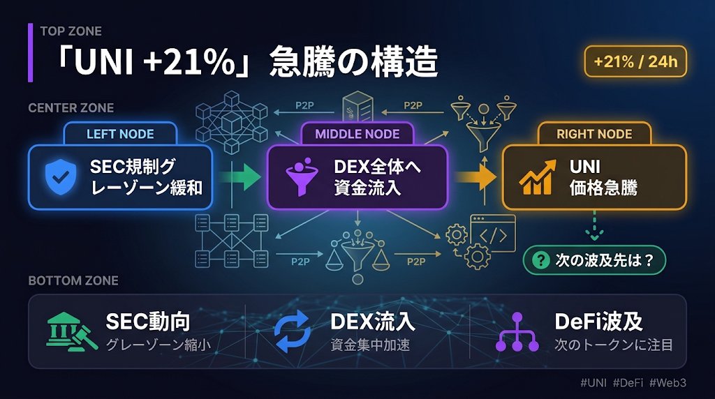 kn6954's tweet photo. UNIが24時間で+21%って、、、

理由はシンプルで、SEC（米証券取引委員会）との法的グレーゾーンが少し晴れてきた空気感と、DEX（分散型取引所）全体への資金流入が重なった感じ。

DeFiの"入口"がここまで動くと、次どこに波及するかが気になるところ。

あなたはどう見てる？

#UNI #仮想通貨 #Web3 https://t.co/ZQrHaJwjfJ
