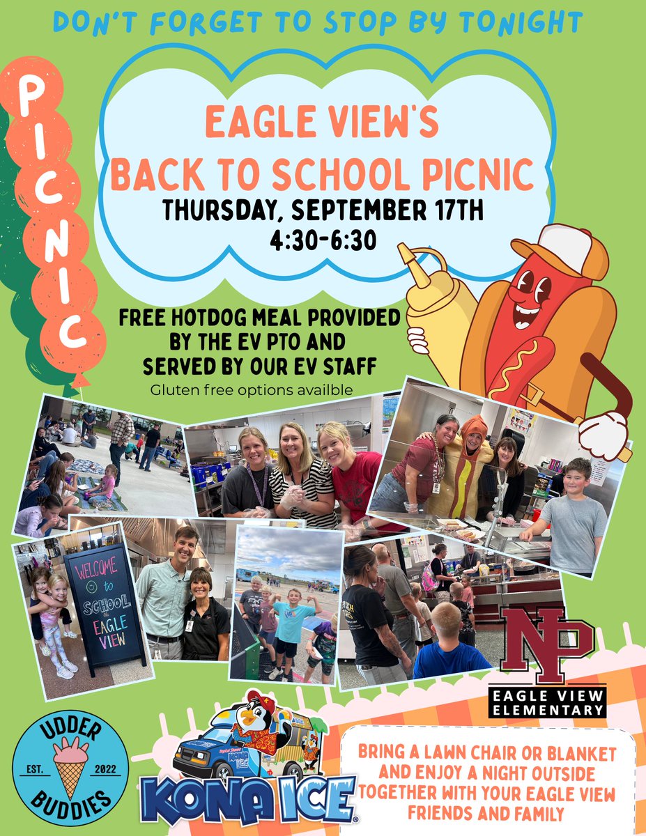 EagleView721's tweet photo. Come kick off the new school year with our Eagle View friends and family and swing by our Back-to-School Picnic tonight!  Enjoy a free hot dog meal (hot dog, chips, cookie), and a chance to connect with fellow Eagle View families, staff, and friends. https://t.co/7AQ6vC8i3N