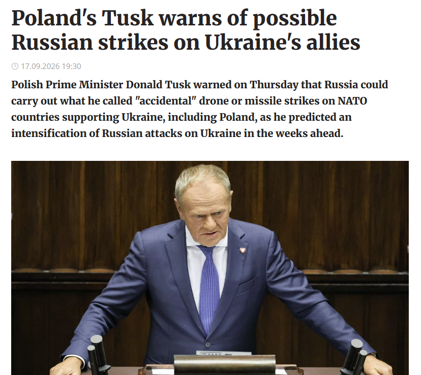 I_Katchanovski's tweet photo. "Poland's Tusk warns of possible Russian strikes on Ukraine's allies. Tusk said Russian attacks were causing heavy Ukrainian casualties, citing information from Ukrainian partners that he said indicated monthly losses of about 27,000 killed and wounded. He said the figures represented the highest levels of casualties in the war.

Polish Prime Minister Donald Tusk warned on Thursday that Russia could carry out what he called "accidental" drone or missile strikes on NATO countries supporting Ukraine, including Poland, as he predicted an intensification of Russian attacks on Ukraine in the weeks ahead."